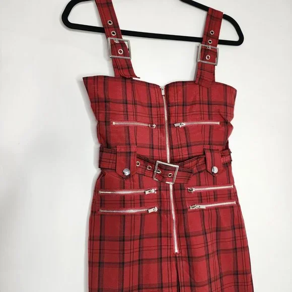 WeWoreWhat Y2K Plaid Moto Jumpsuit Overalls Stretch Buckle Adjustable Straps Red - Picture 4 of 9